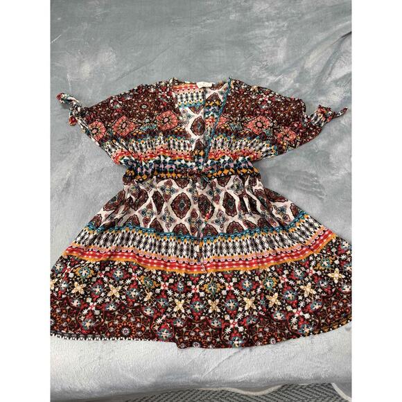 EMBER Coffee Brown Deep Vneck Tie Cuffs Festival Boho Blouse Top Large vacation - Picture 8 of 8